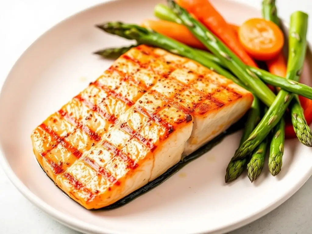 A beautifully plated image of Bus Restaurant's grilled salmon dish, highlighting the flaky texture and vibrant colors of the accompanying vegetables.
