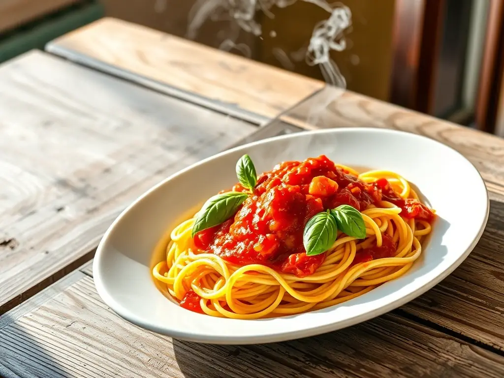 A vibrant and appetizing close-up shot of Bus Restaurant's signature pasta dish, showcasing fresh ingredients and rich sauce, served on a rustic plate.